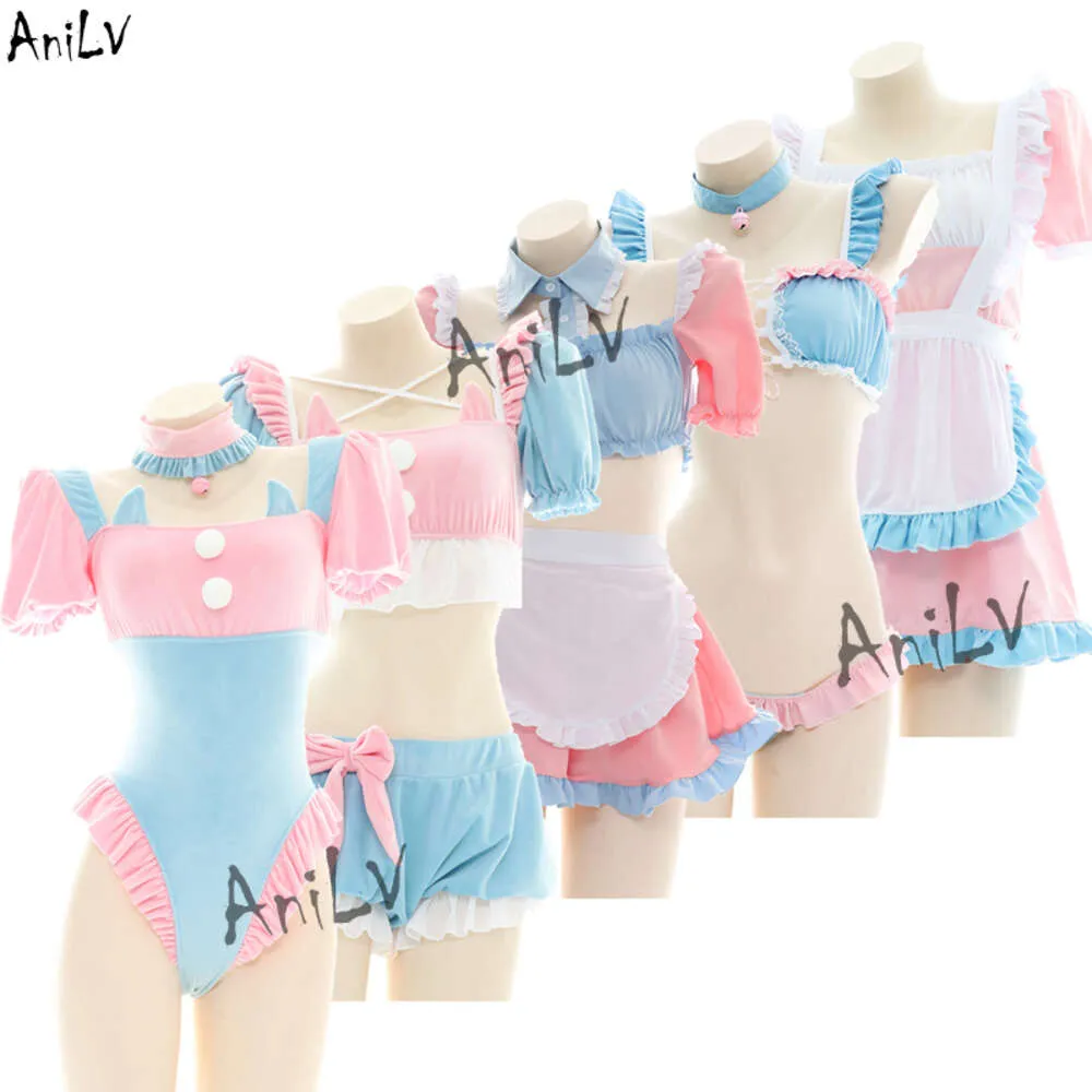 Ani Anime Lolita fille femme de chambre série Pamas maillot de bain Costume femmes dessin animé mignon Kawaii étudiant rose bleu ensemble de Lingerie Cosplay cosplay