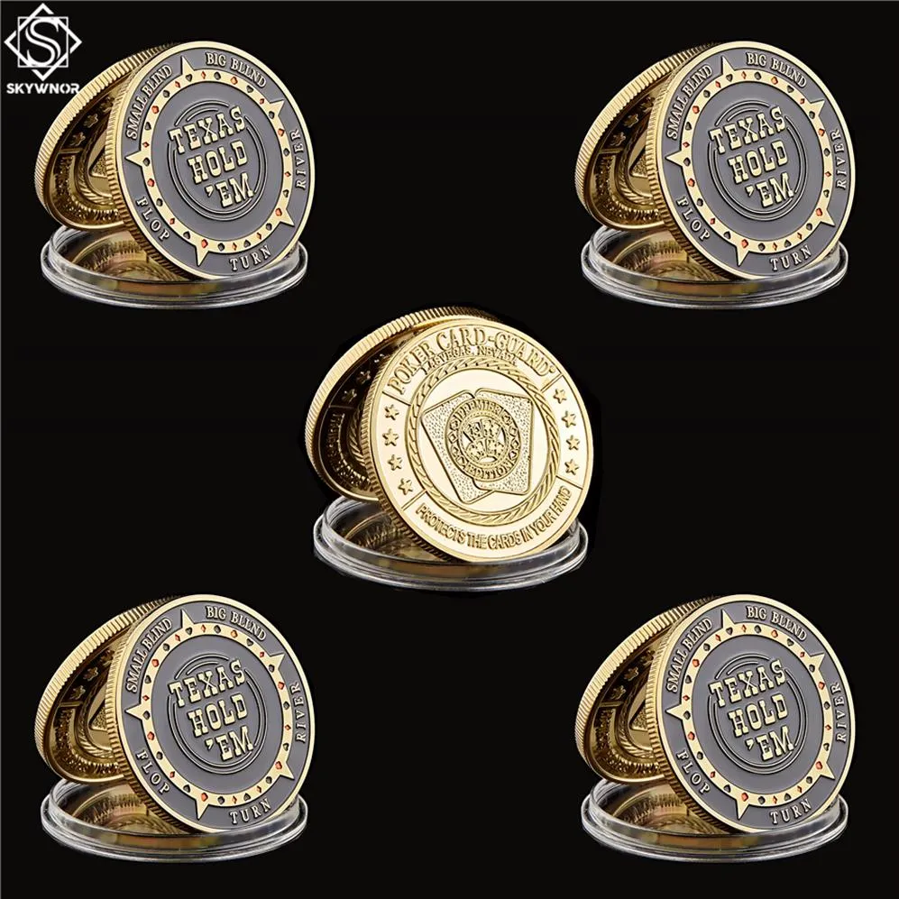 5PCS Chip Craft USA Texas Hold'em Flop Turn River Big Small Blind Poker Chip Guards Card Good Luck Gold Plated Challenge Coin290j