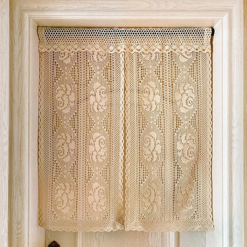 Cortina 1pc algodão crochê porta casa decorativa pendurado cortinas rosa padrão para sala de estar visita 231101