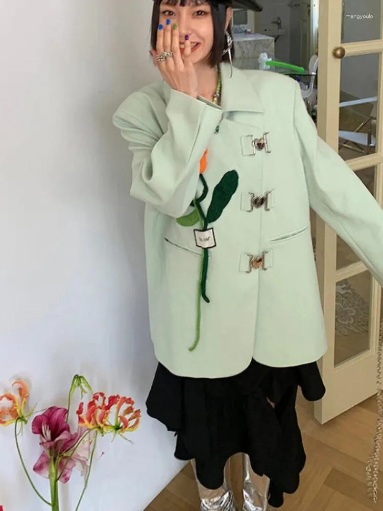 Damenanzüge UNXX Frühling 2023 Mintgrüner Mantel Jacken Blazer Frauen Eleganter, stilvoller Blumen-Patch Hasp Designer Koreanische maßgeschneiderte Mäntel