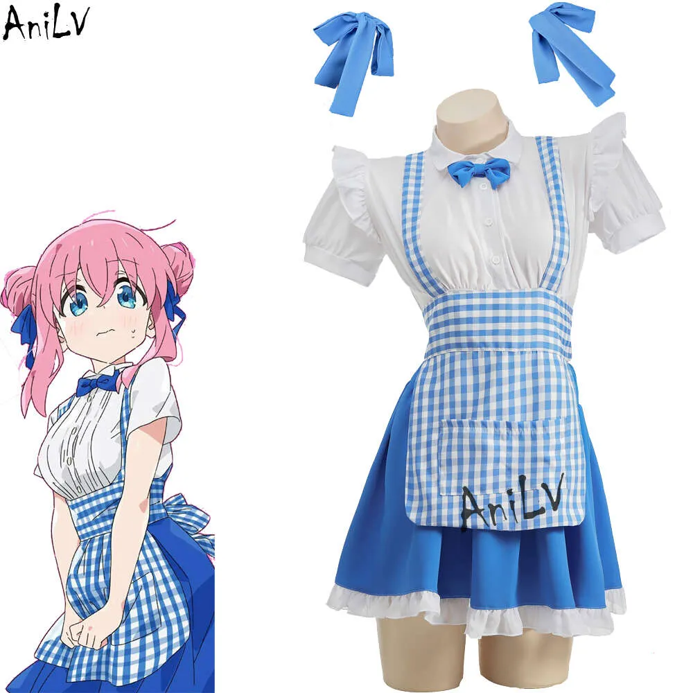 Ani Anime Bocchi the Rock Goto Hitori Maid Uniform Bule Plaid Apron Bodysuit Outfit Costumes Cosplay cosplay