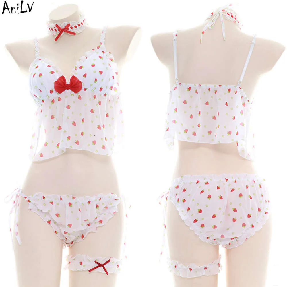 LCSP Beach Pool Party Sweet Girl Maillot de bain à bretelles spaghetti aux fraises Anime Mignon Lolita Fil Sous-vêtements Pamas Cosplay Costume cosplay