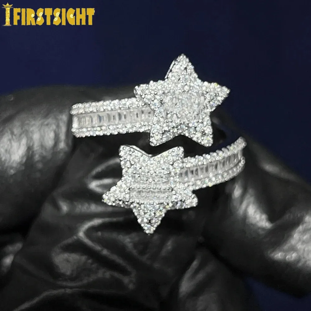 Pierścienie ślubne lodowe pierścień gwiazdy srebrny kolor Bling 5a cz cyrkon regulaj jasne gwiazdy urok palec dla kobiet luksusowy biżuteria Hiphop 231101