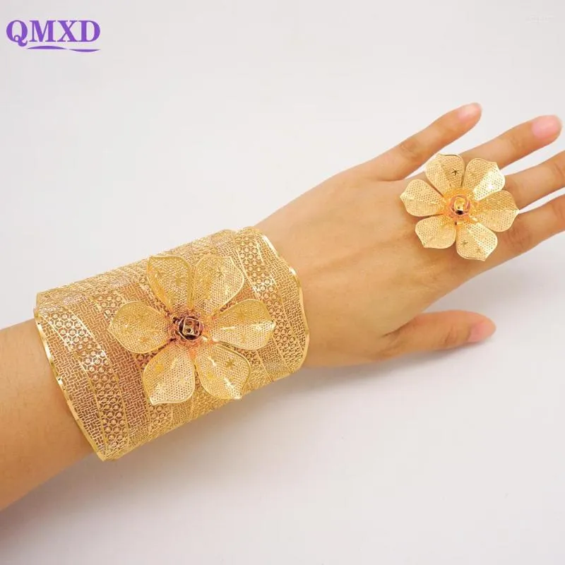 Bangle Luxury Big Flower Bangles With Ring For Women Bohemia Cuff Bracelets African Dubai Jewelry Brazilian