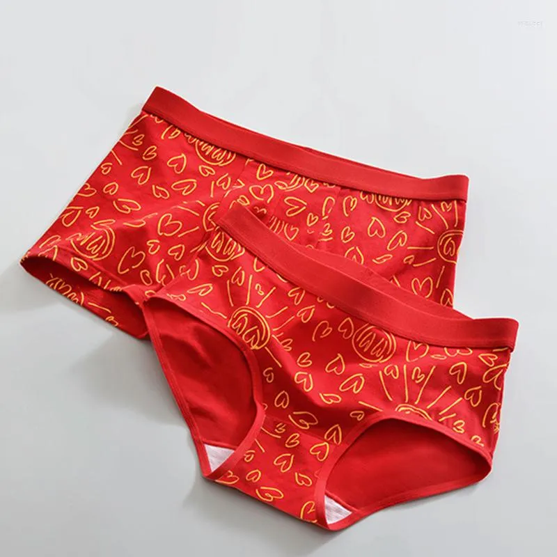 Mutande 2 pezzi coppie amanti intimo sexy morbido cotone uomo boxer donna mutandine anno stampa rossa pantaloncini traspiranti