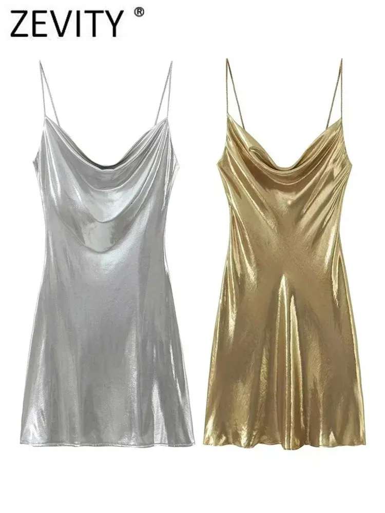 Grundläggande avslappnade klänningar Zevity 2023 Summer Women Shinning Metallic Color Sling Mini Dress Female Chic Pleat Design Slim Party Vestidos DS5000 231031