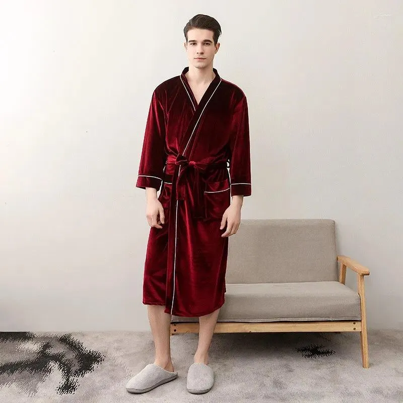 Homens sleepwear outono homens veludo quimono robe vestido confortável casual macio roupão camisola elegante sólido homewear noightwear