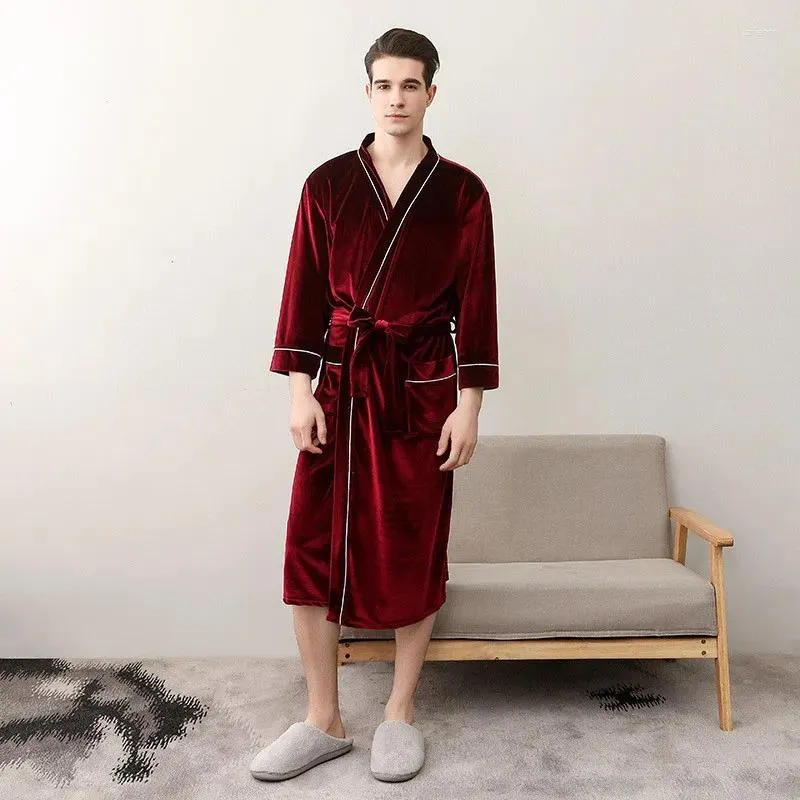 Men's Sleepwear Autumn Men Velvet Kimono Robe Gown Comfortable Casual Soft Bathrobe Nightgown Elegant Solid Homewear Noightwear