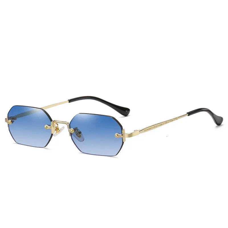 Солнцезащитные очки в оправе без оправы, прямоугольные, маленькие мужские очки, металлические, золотые, многоугольные, синие оттенки, UV400, безрамные 231101