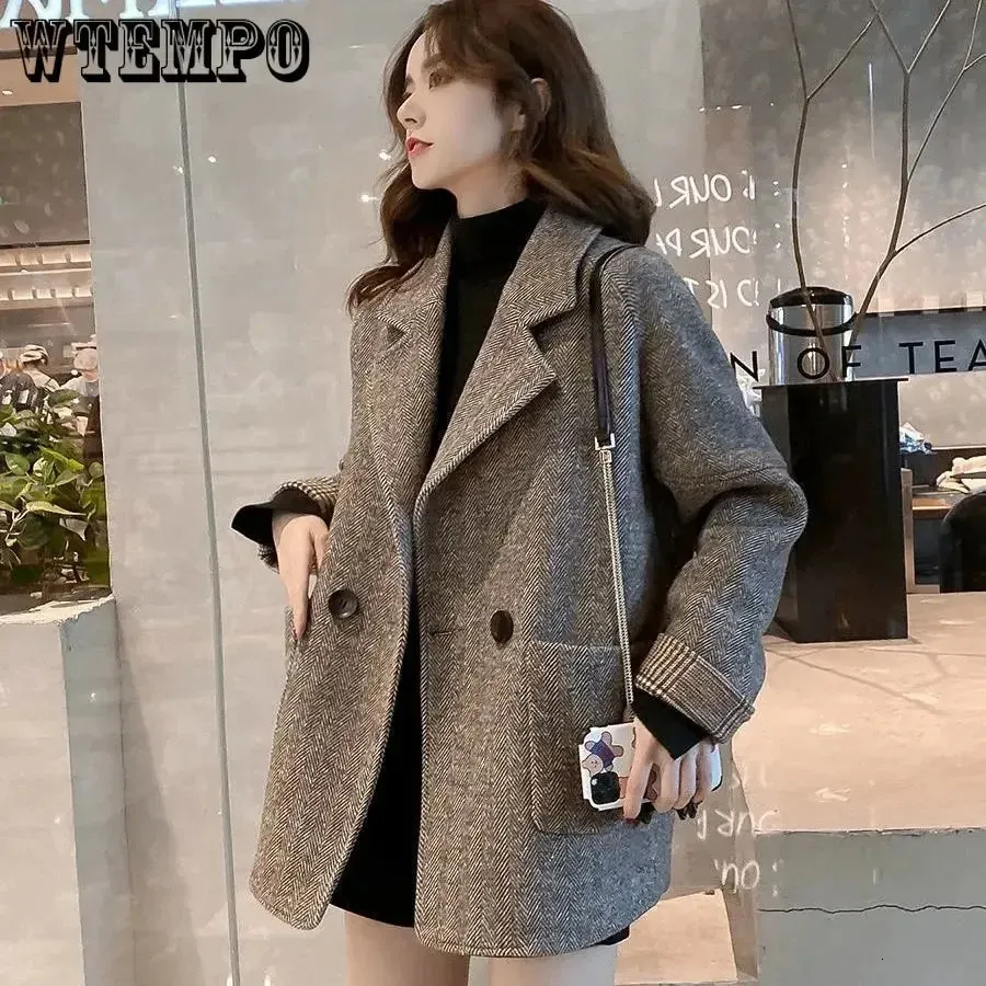 Kvinnors ull blandar ulldräkt kappa koreansk brittisk stil lös och tunn höst vinter casual enkelknapp tweed trench blazer topp 231031