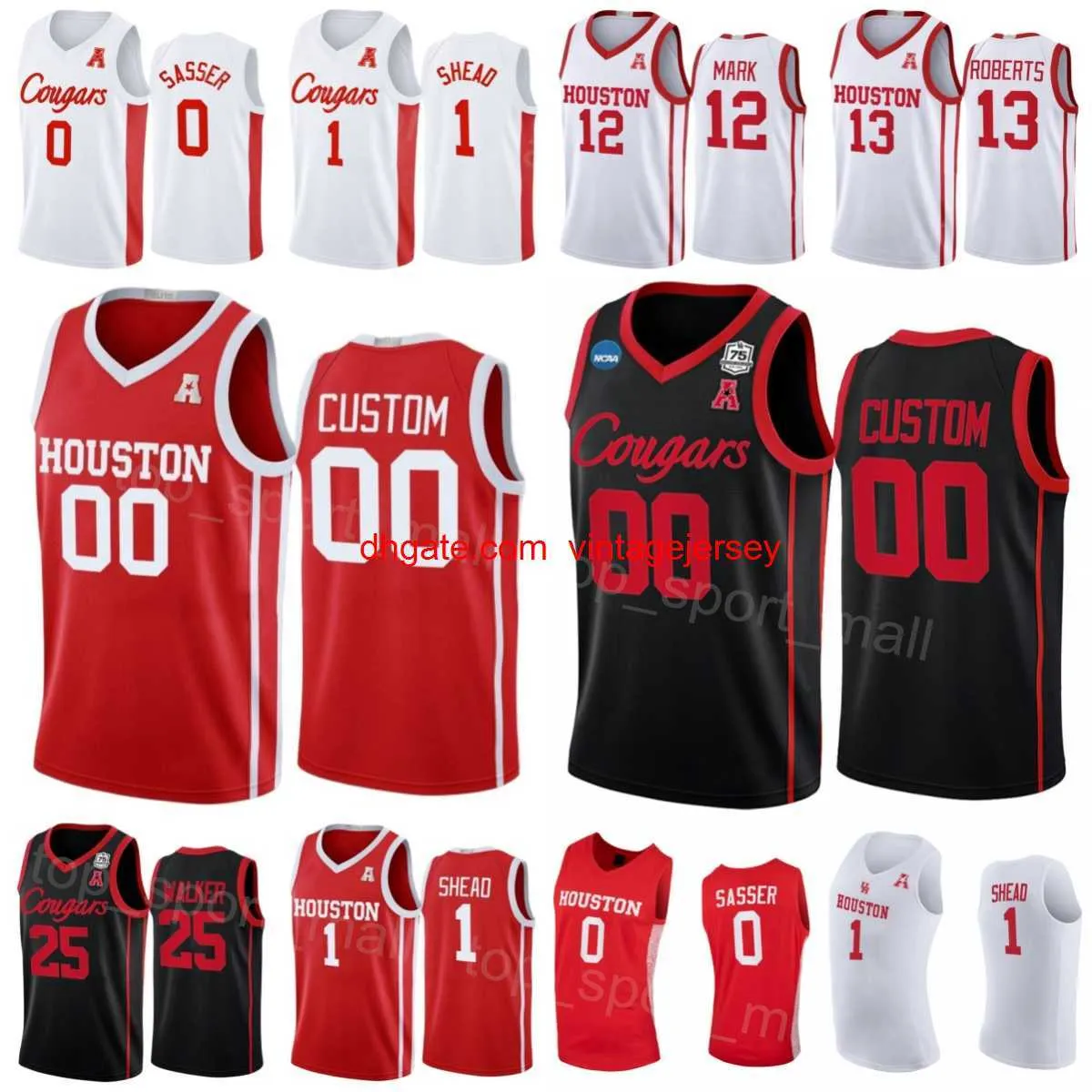 Basketball universitaire Houston Cougars Jersey 0 Marcus Sasser 25 Jarace Walker 13 JWan Roberts 12 Tramon Mark 1 Jamal Shead 21 Emanuel Sharp cousu NCAA