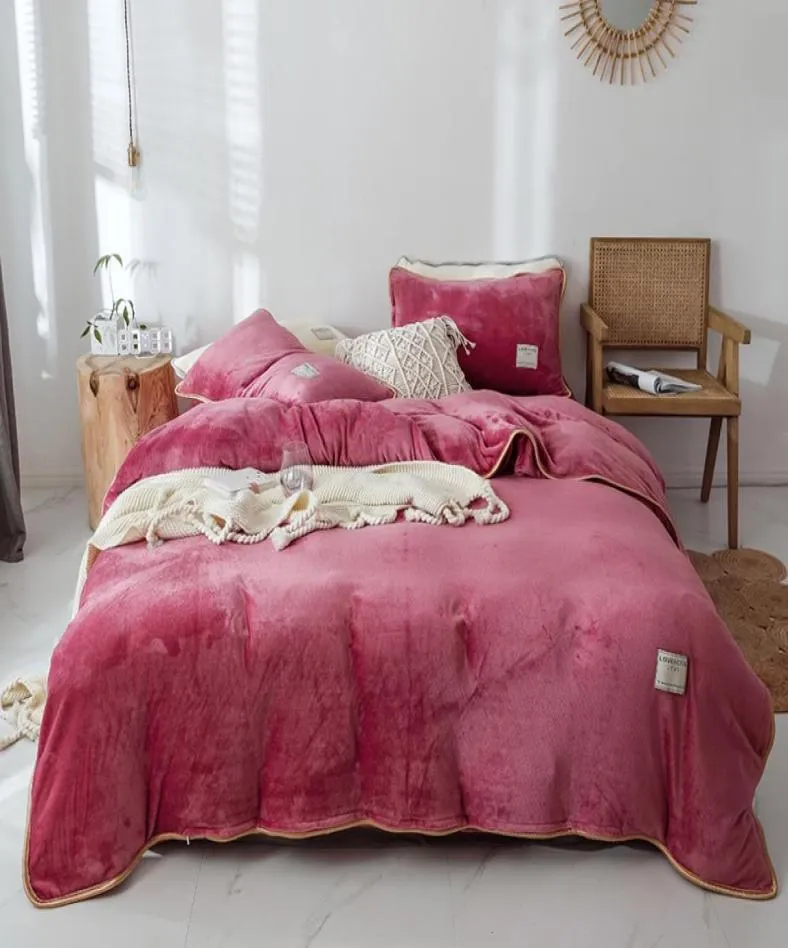Розовый, серый, фиолетовый, синий, сплошной цвет, зимний комплект постельного белья из толстой флисовой ткани, бархатный фланелевой пододеяльник, простыня, льняные наволочки6932575