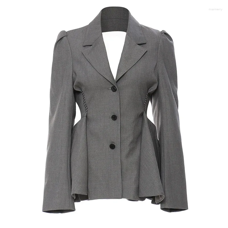 女性のスーツファッショングレーデザインサマーブレザーフォーウィメン2023バックレスフリルジャケットシックオフィスレディフォーマルオブタイズコート