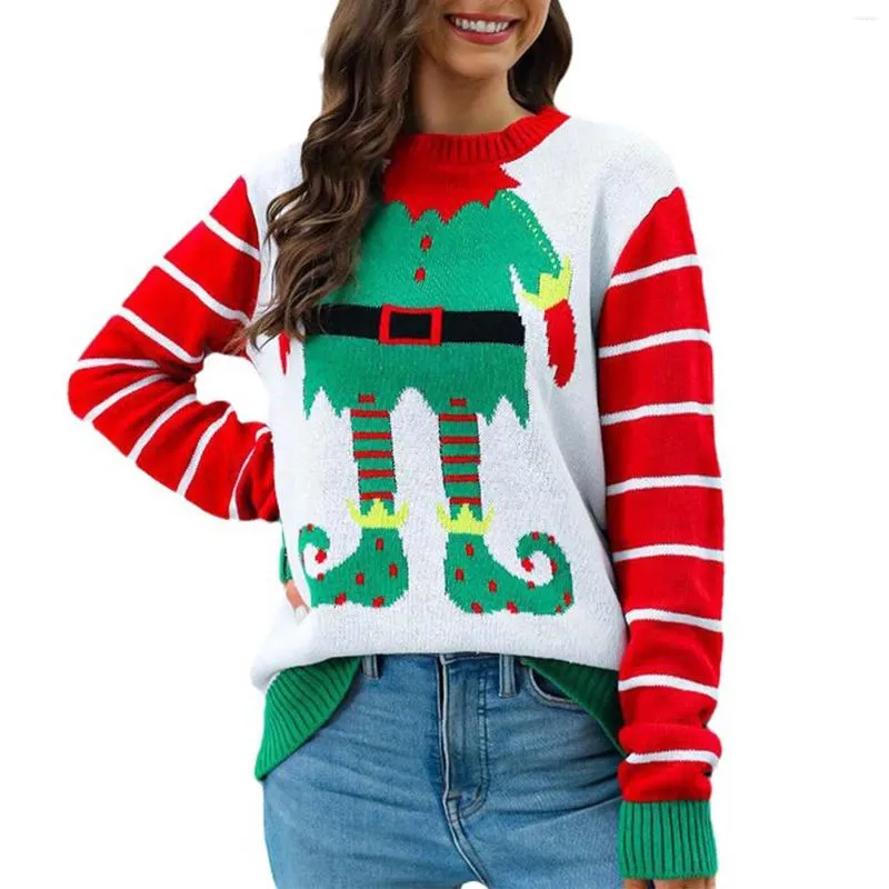 Pulls pour femmes Pull laid en jacquard de Père Noël pour femme Dessin animé de Noël Manches longues à rayures Bloc de couleur Tricots d'extérieur Sweat-shirts Tops