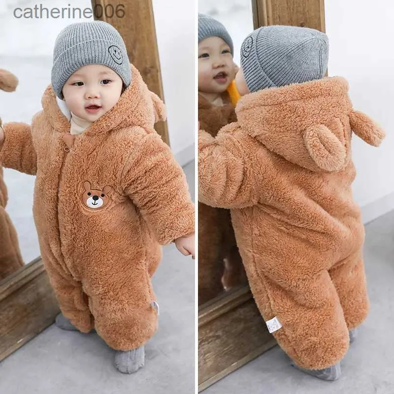 Jumpsuits Baby Boy Clothes Cute Plush Bear Baby Rompers Autumn Winter Keep Warm Hooded Infant Girls Overall Jumpsuit Newborn Romper 0-18ML231101