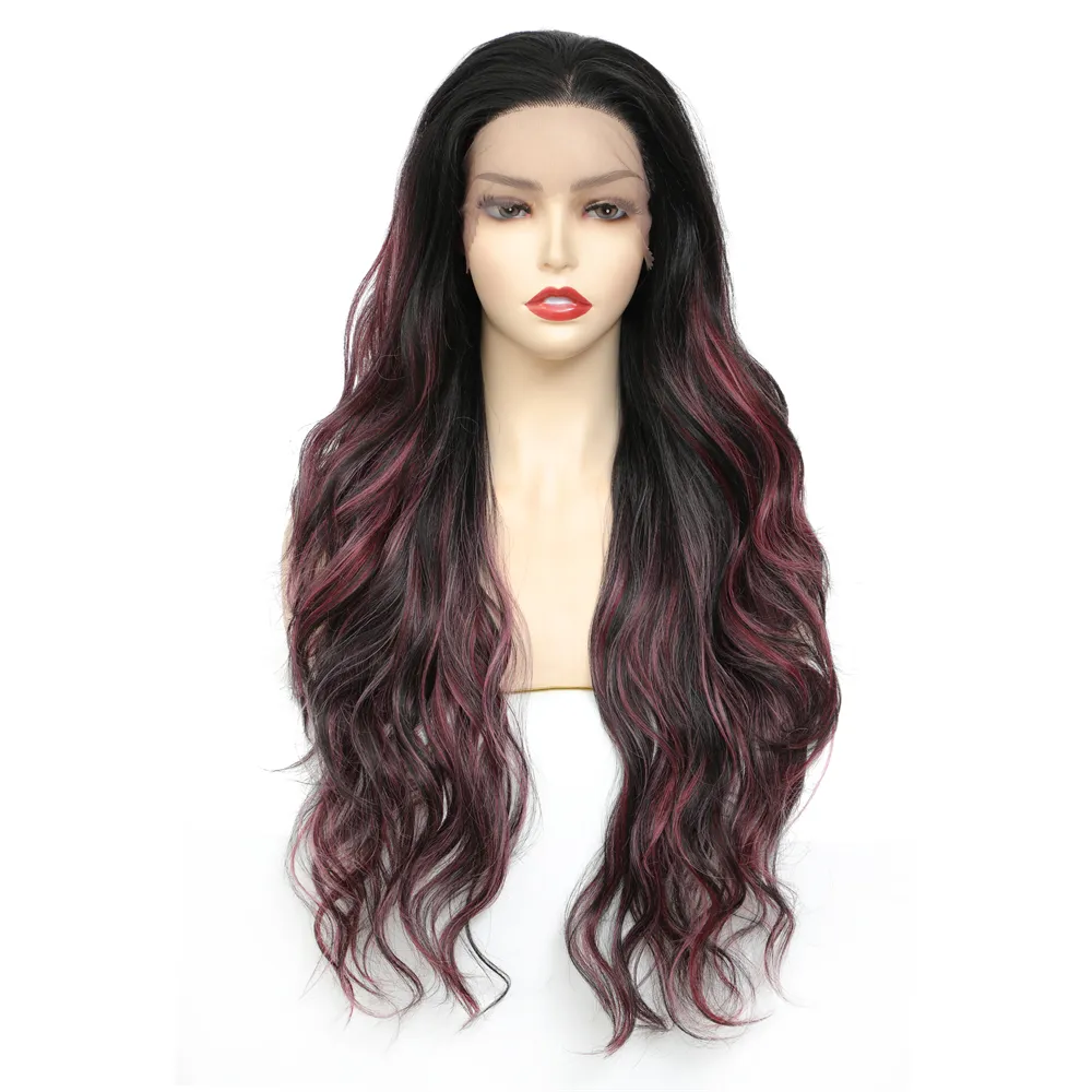 Highlight Pink Wig Synthetic Ombre Lace Front Perücken für schwarze Frauen Langer Körper Welliges Haar Täglich Cosplay HitzebeständigFactory Dire