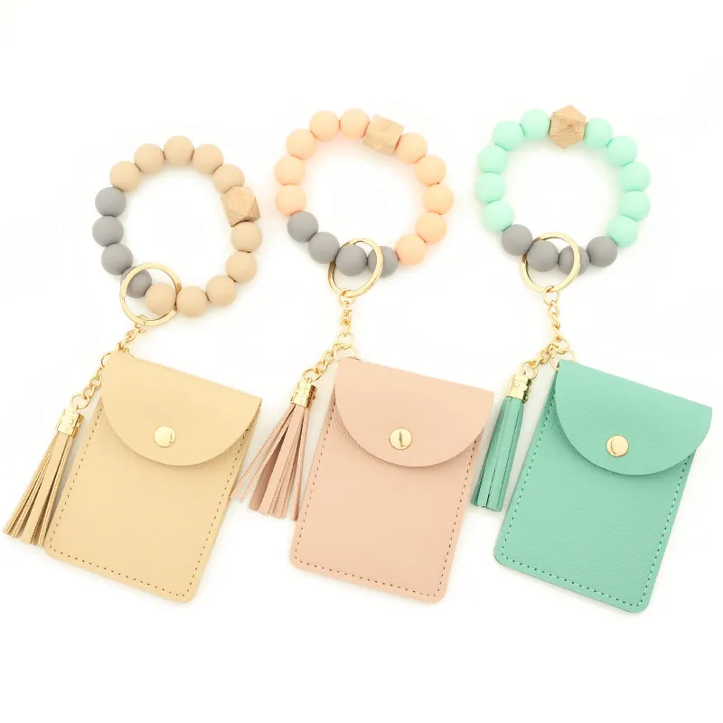 New Women Wristlet Card Holder Silicone Chain Beaded Bangle Wallet Bracelet Keychain Pocket Coin Purse Leather Tassel Key Ring FY3454 ss0401
