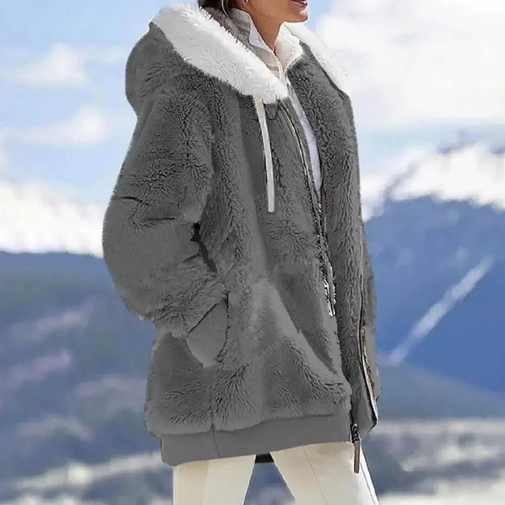 Women's Jacket Winter Coat Solid Color LongeChes Zipper Cardigan Loose Warm Furry Plush Plus Size Lady Clothes 231031