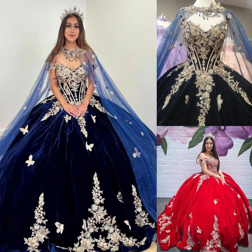 Embroidered Velvet Quinceanera Dress 2024 Detachable Tulle Cape Gold 3D Floral Quince Ballgown Corset Sweet 16 Birthday Party Vestidos De 15 Anos Charro Mexican