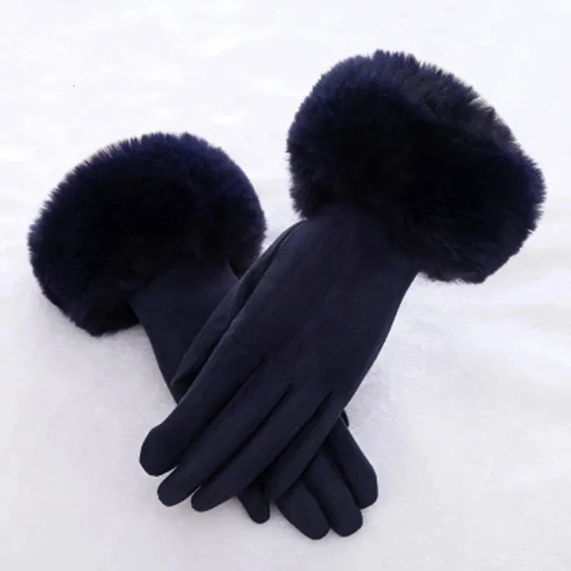 Fünf-Finger-Handschuhe Weibliche Faux-Rabit-Pelz-Wildleder-Leder-Touchscreen-Fahrhandschuh-Winter-warmer Plüsch-dicke Stickerei-voller Finger-Fahrrad-Handschuh H92 231101