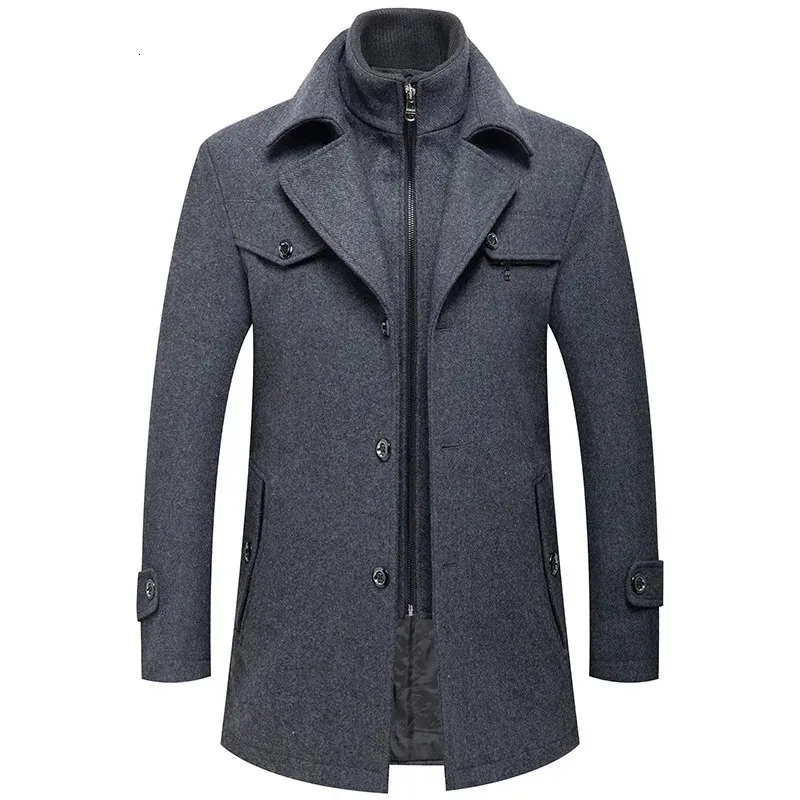 Mezclas de lana para hombres Invierno Hombres Slim Fit Gabardinas de lana Moda Medio Largo Prendas de abrigo para hombre Cuello doble Cremallera Color sólido Abrigos de lana casuales 231101