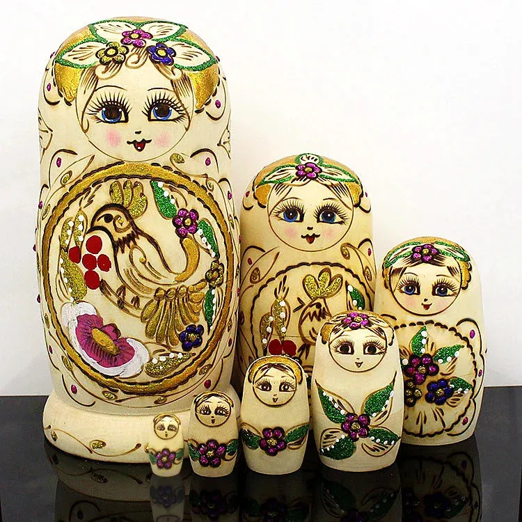 Dolls 7pcs/set Wooden Russian Nesting Dolls Creative Cartoon Girls Bird Pattern Traditional Matryoshka Dolls Christmas Gifts Kids Toys 231031