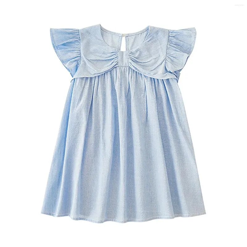 Robes d'été pour filles, robe rayée bleue, avec nœud sur la poitrine, petites manches volantes, col rond, balançoire décontractée, 3x Denim Large