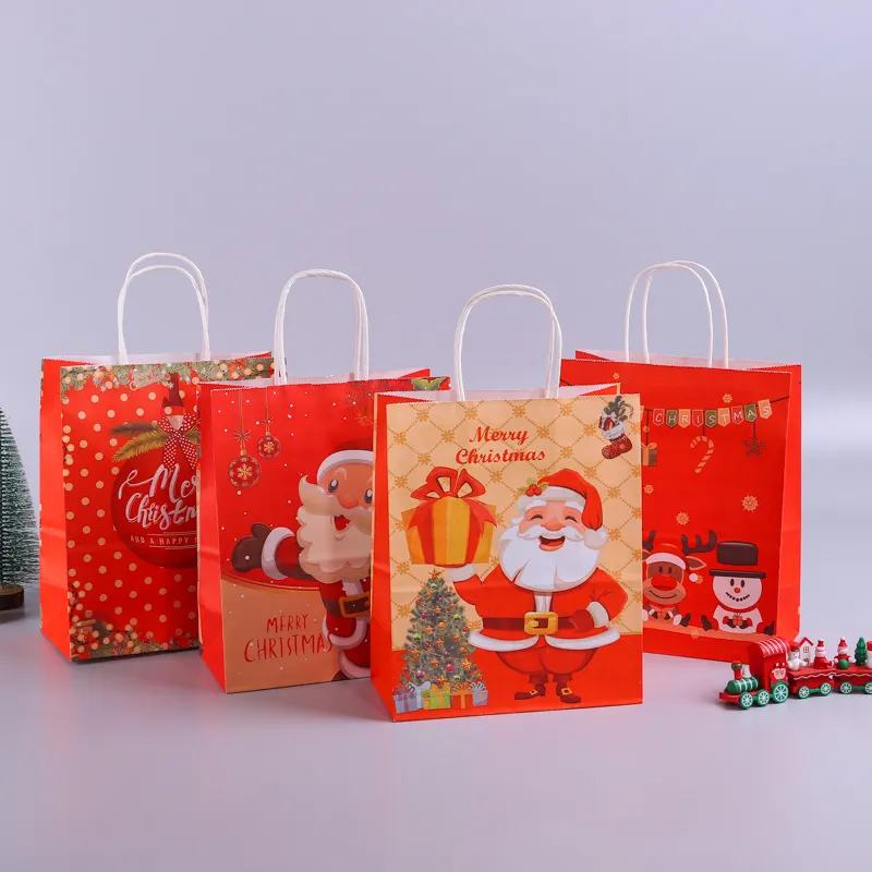 Saco de papel kraft para presente de Natal, desenho animado, festa de compras, presente, embalagem de doces, saco portátil