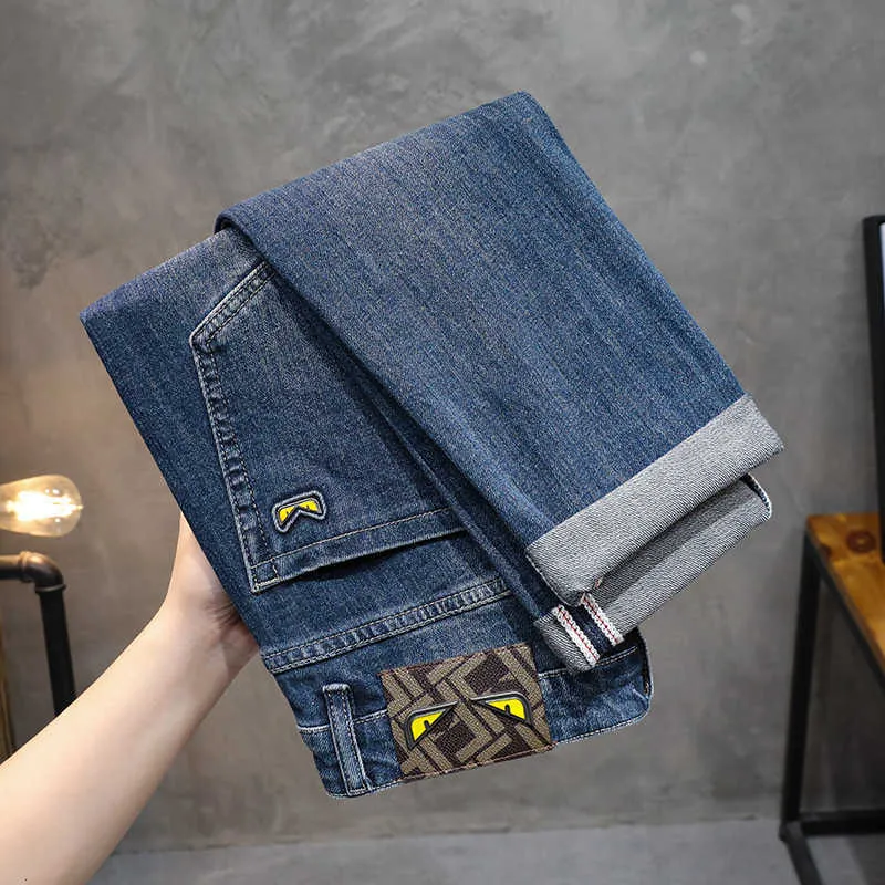 Brand Fashion Autumn Winter Premium Wash Blue Jeans Men's Elastic Slim Fit Small Foot Thick Denim Pants