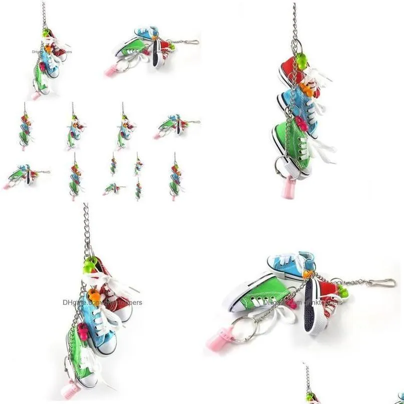 Autres fournitures pour oiseaux Autres fournitures pour oiseaux Jeux de perroquets Jouets pour oiseaux Mini chaussures en toile à mâcher Décoration de morsure Cage suspendue Artisanat drôle Dr Dh7Eu