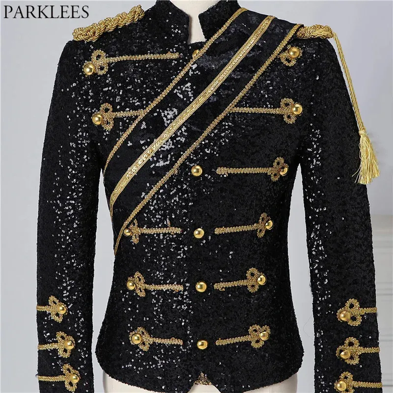 Herrenanzüge Blazer Schwarz Pailletten Steampunk Blazer Jacke Stehkragen Quaste Design Männer Nachtclub Party Abschlussball Rock and Roll Kostüme 3XL 231031