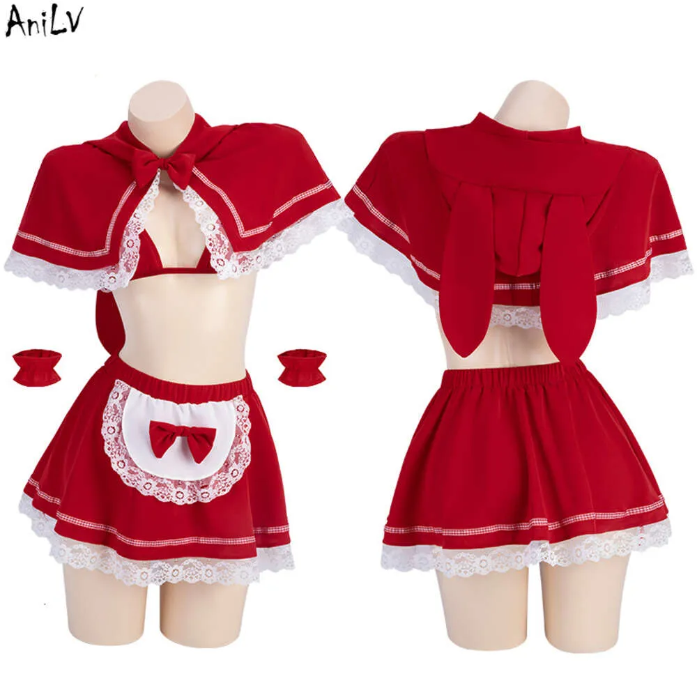 Ani Fairy Tales Little Red Riding Hood Unifrom Women spets huva sjal kläder kostymer cosplay veckad kjol