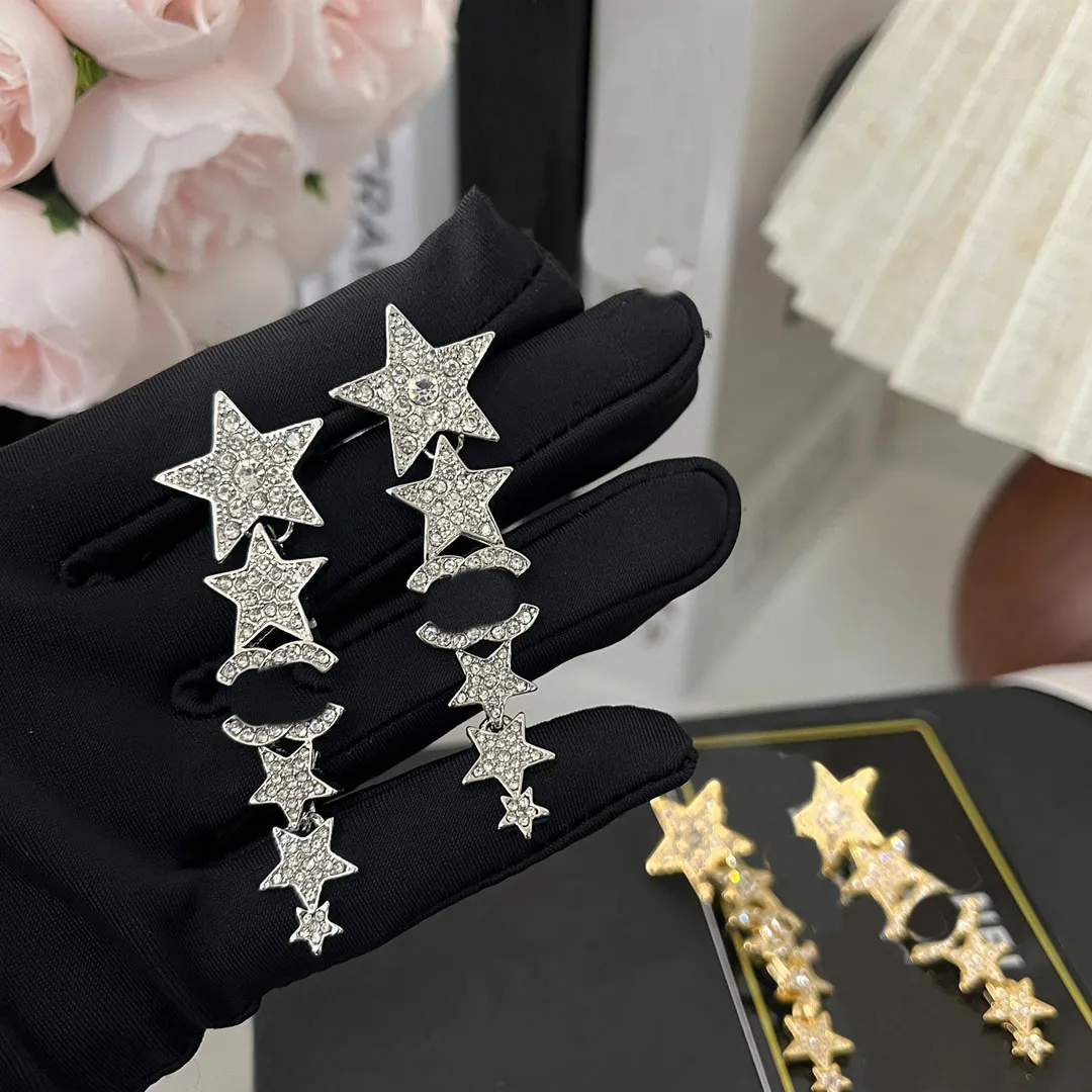 럭셔리 브랜드 디자이너 채널 Dangle Stud Double Letters 기하학적 스타 유명한 여성 Crystal Rhinestone Long Earring Wedding Party