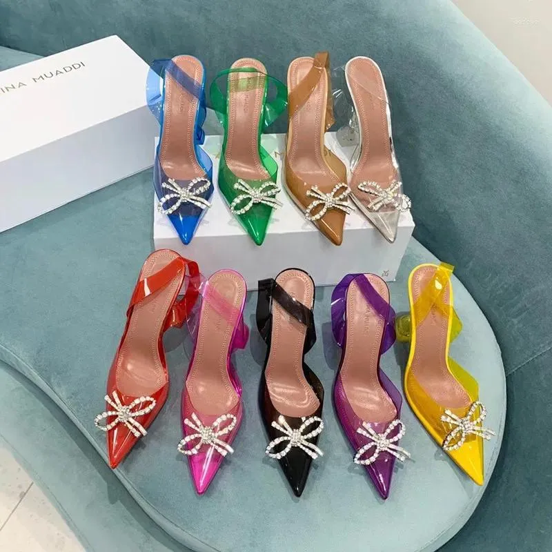 Sandals AMINA MUADDI PVC Transparent Bow Tip Women's Sunflower Diamond Buckle High Heel Party Designer Wedding Shoes