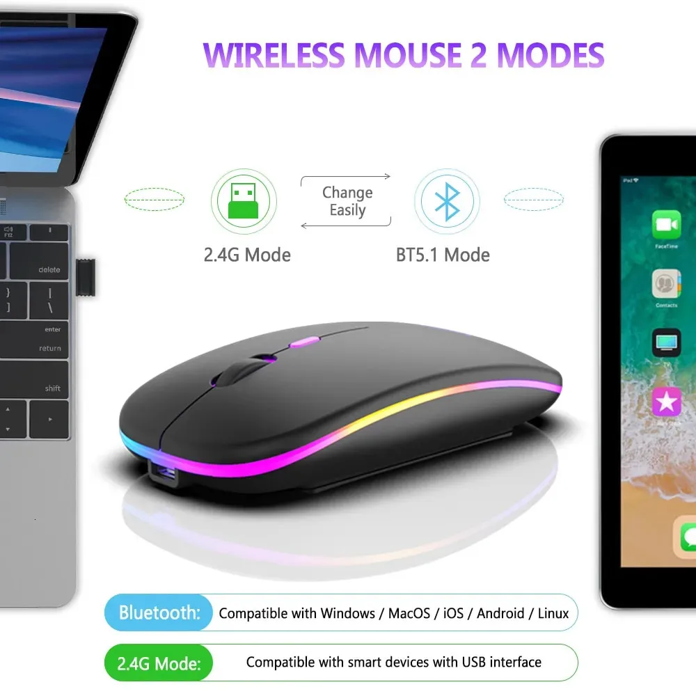 Мышь Беспроводная Мышь Bluetooth И Двухрежимная Зарядка 2,4 ГГц RGB  Эргономичная Бесшумная Мышь ПК IPad Ноутбук Телефон ТВ 231101 От 1 087 руб.  | DHgate