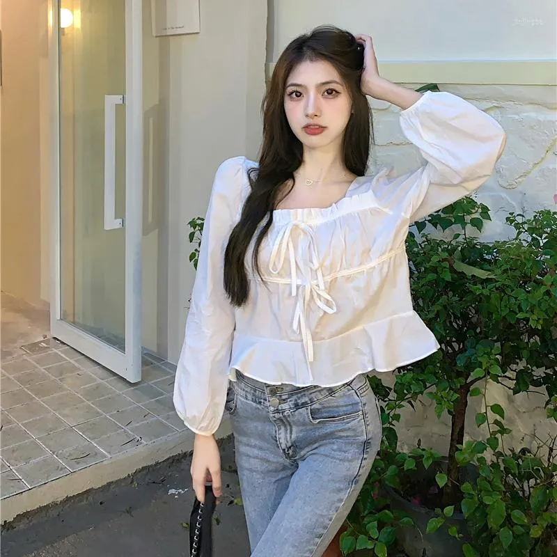 Dames blouses spuare kraag veter shirring shirt vrouwen lantaarn mouw witte blouse vrouwelijke kleding casual tops mujer 2023 lente maiden