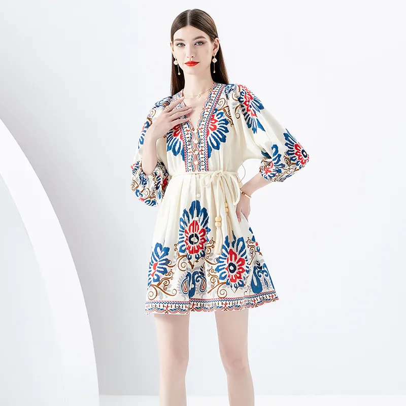 Retro Floral White Mini Dress for Women Designer Long Sleeve V-Neck Vacation Slim Lace Up Waist Party Dresses 2023 Autumn Winter Casual Versatile Runway Chic Frocks