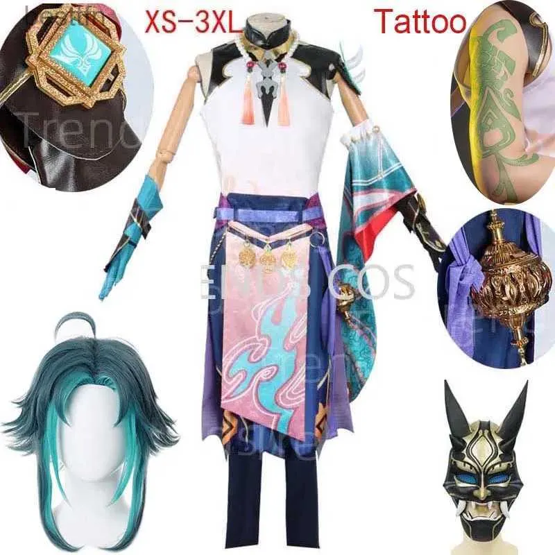 Anime-kostuums Spel Genshin Impact Xiao Cosplay Kom Cosplay Anime Xiao Genshin Volledige set Xiao Pruikmasker Tattoo Sticker voor Halloween-outfitsL231101