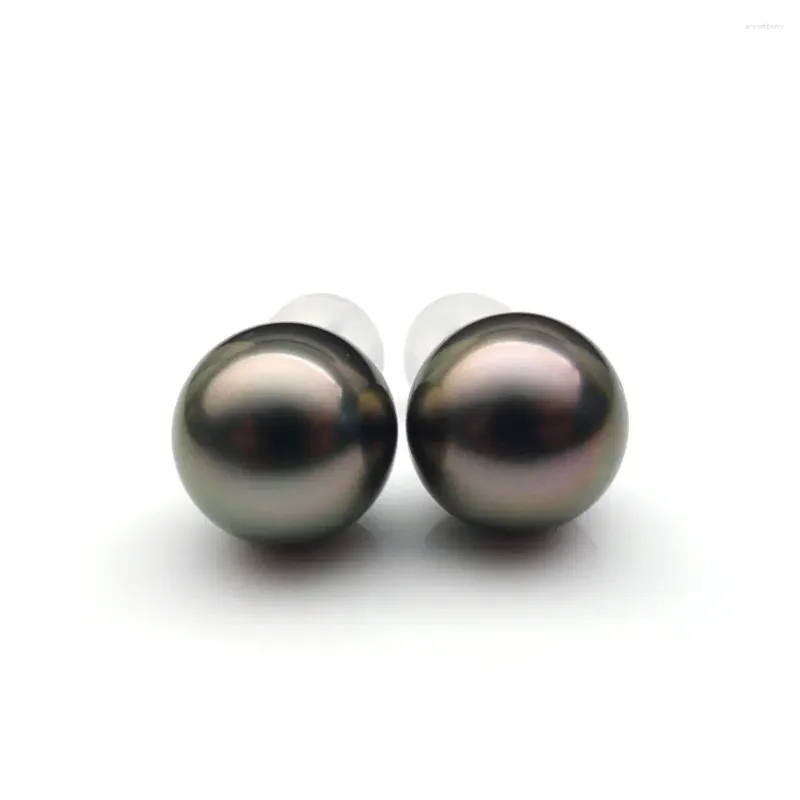 Stud Earrings 9-10mm Round Black Cultured Tahitian Pearl Ear 18k White Gold