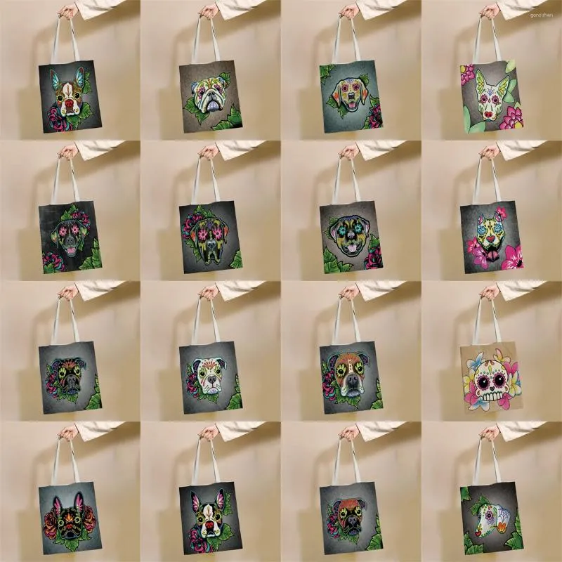 Borse portaoggetti Cartoon Flower Dog Pattern Borsa per la spesa riutilizzabile Tote in tela Stampa Eco Shopper Spalla
