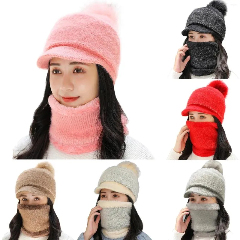 Bérets Femme Adulte Solide Pompon Chapeau Hiver Chaud Tricot Crochet Casquette Écharpe Foulard Visière Visière