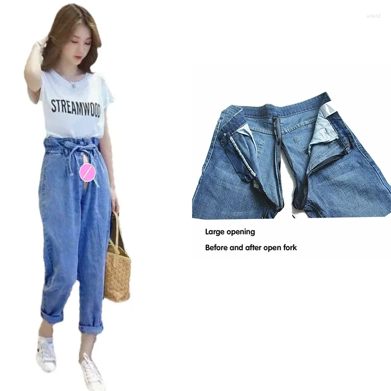 Kvinnors jeans Retro Drawstring High midja Invisible Open-Seat Pants Outdoor Convenient Loose Straight Trousers Denim Harem