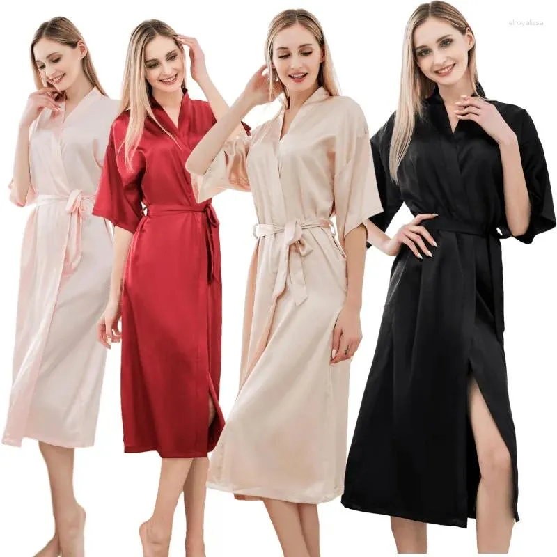 Vêtements de nuit pour femmes, plus long peignoir en fausse soie, couleur unie, micro extensible, mince, sexy, confortable, maison