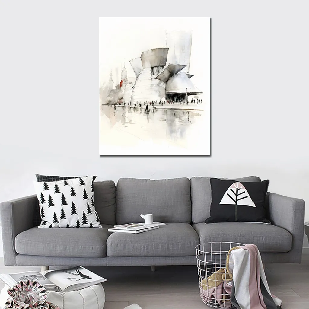 Världsberömd byggnad Guggenheim Museum Bilbao Modern Pencil Script Art Canvas Print Bild affisch för studierum Väggdekor