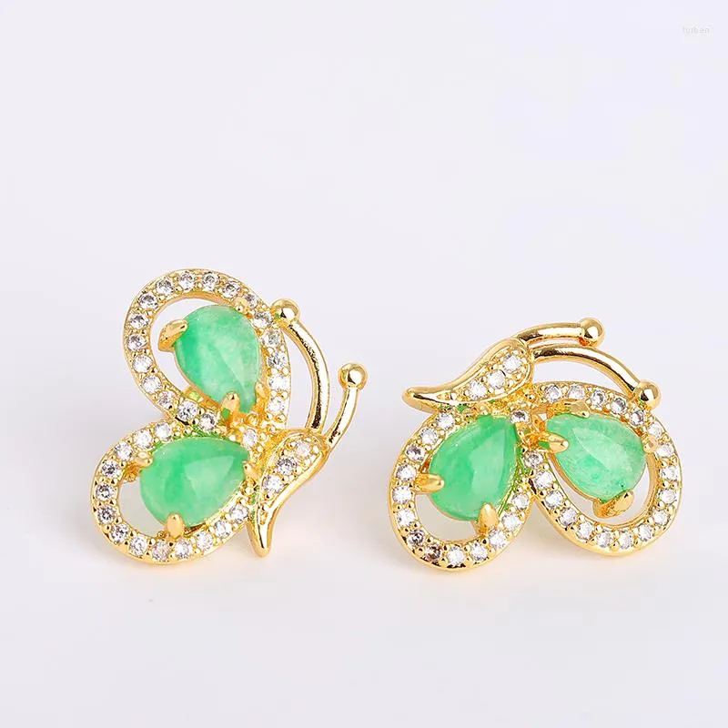 Серьги -свисые серьги Koraba 14k желтого золота на искреннее создание Green Jade Gemstone Butterfly Stud для женщин