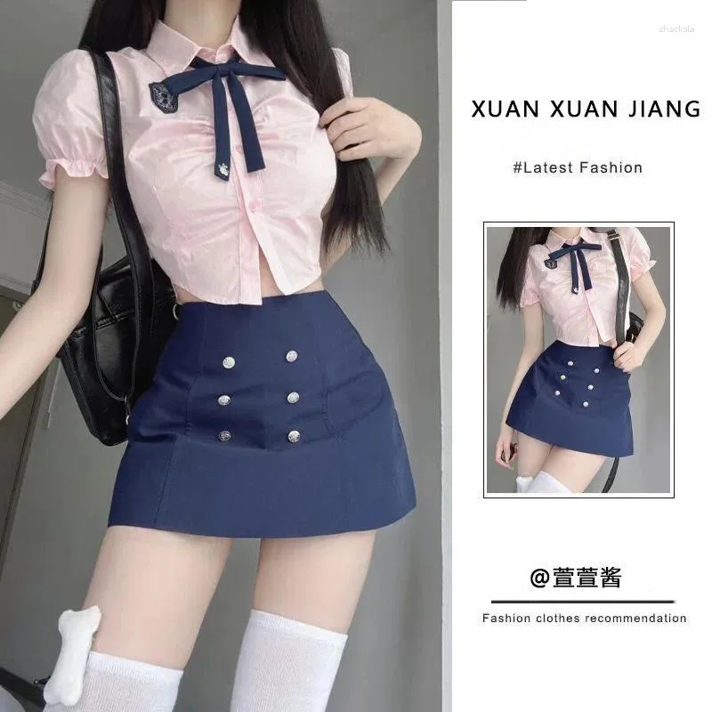 Work Dresses Pure Sexy Girl Suit Women's Summer Pleated Short Shirt High Waist A-line Mini Skirt Two-piece Set Fashion Female Clothes