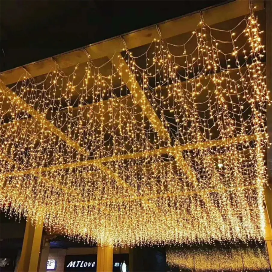 Cordas de LED Luzes de Natal Guirlanda de fadas 64m 4x0,6M / 5x0,7m onda Led Icicle Light String Navidad Decoração de Ano Novo Cortina interna externa Corrente de LED