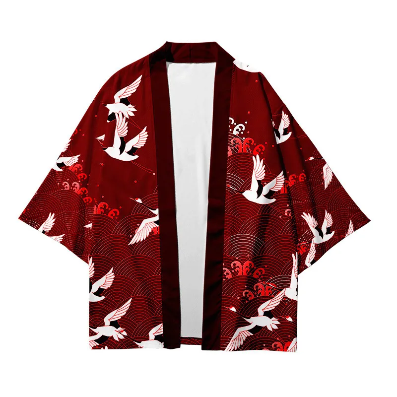 Etnische kleding plus maat 6xl 5xl 4xl 3xl Red Crane Print Losse Japans Cardigan Women Men Harajuku Kimono Cosplay Tops Blouse Yukata 230331