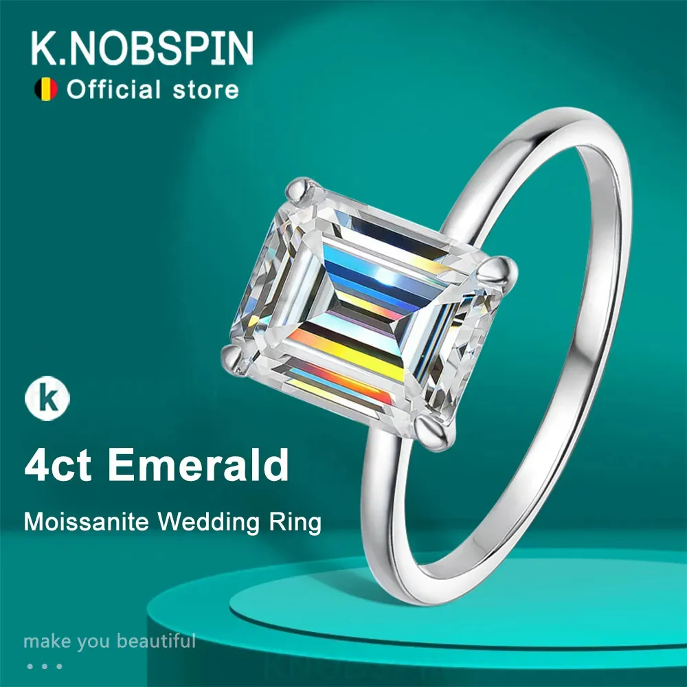Solitaire Ring Knobspin 4CT Emerald Ring S925 Sterling Sliver Plated 18K White Gold Wedding Band förlovningsringar för kvinnor 231031
