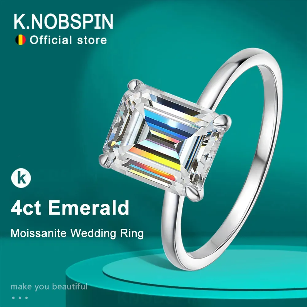 Anel Solitário KNOBSPIN 4ct Anel Esmeralda S925 Sterling Sliver Banhado 18k Ouro Branco Aliança de Casamento Anéis de Noivado Para Mulheres 231031